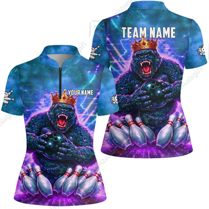 Custom Bowling Jersey Polo Shirt, King Gorilla Holding Bowling Ball, Custom Bowling Jersey Team Shirt For Players With Name & Team Name