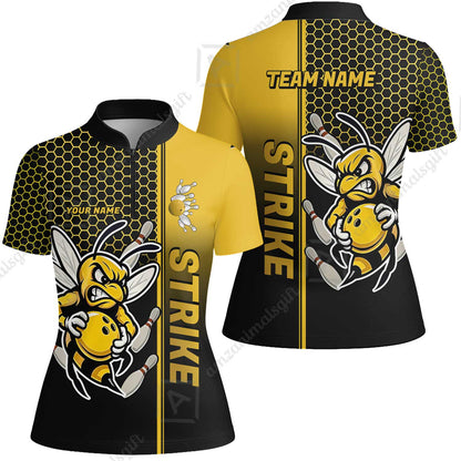 Custom Bowling Team Jersey, Bowling Honeycomb Angry Bee Strike Polo Quarter-Zip Shirts, Bowling Uniforms Jerseys, Personalized Name And Team Name