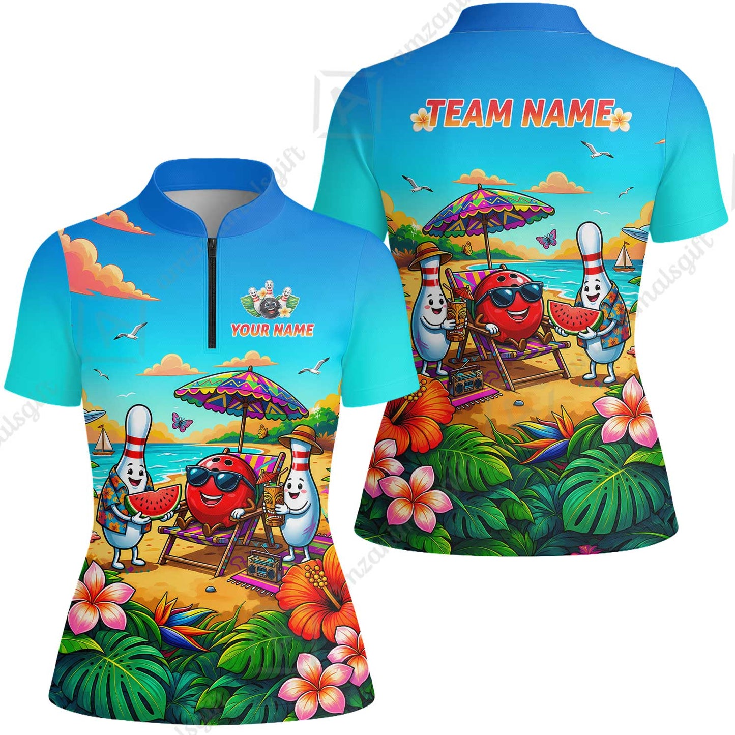 Custom Bowling Jersey Polo Shirt, Tropical Strikes, Custom Bowling Jersey Team Shirt For Players With Name and Team Name