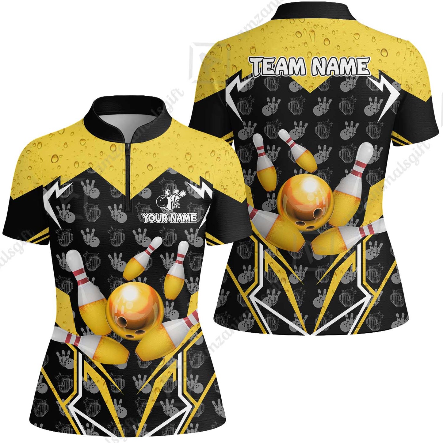 Custom Bowling Team Jersey, Bowling Beer Ball Lightning Strike Polo Quarter-Zip Shirts, Bowling Uniforms Jerseys, Custom Name And Team Name