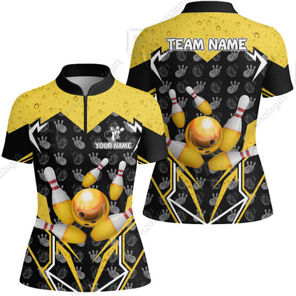 Custom Bowling Team Jersey, Bowling Beer Ball Lightning Strike Polo Quarter-Zip Shirts, Bowling Uniforms Jerseys, Custom Name And Team Name