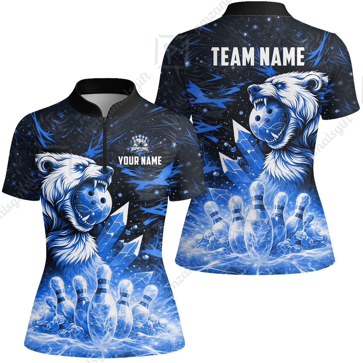 Custom Bowling Jersey Polo Shirt, Arctic Bear & Crystal Galaxy, Custom Bowling Jersey Team Shirt For Players With Name & Team Name