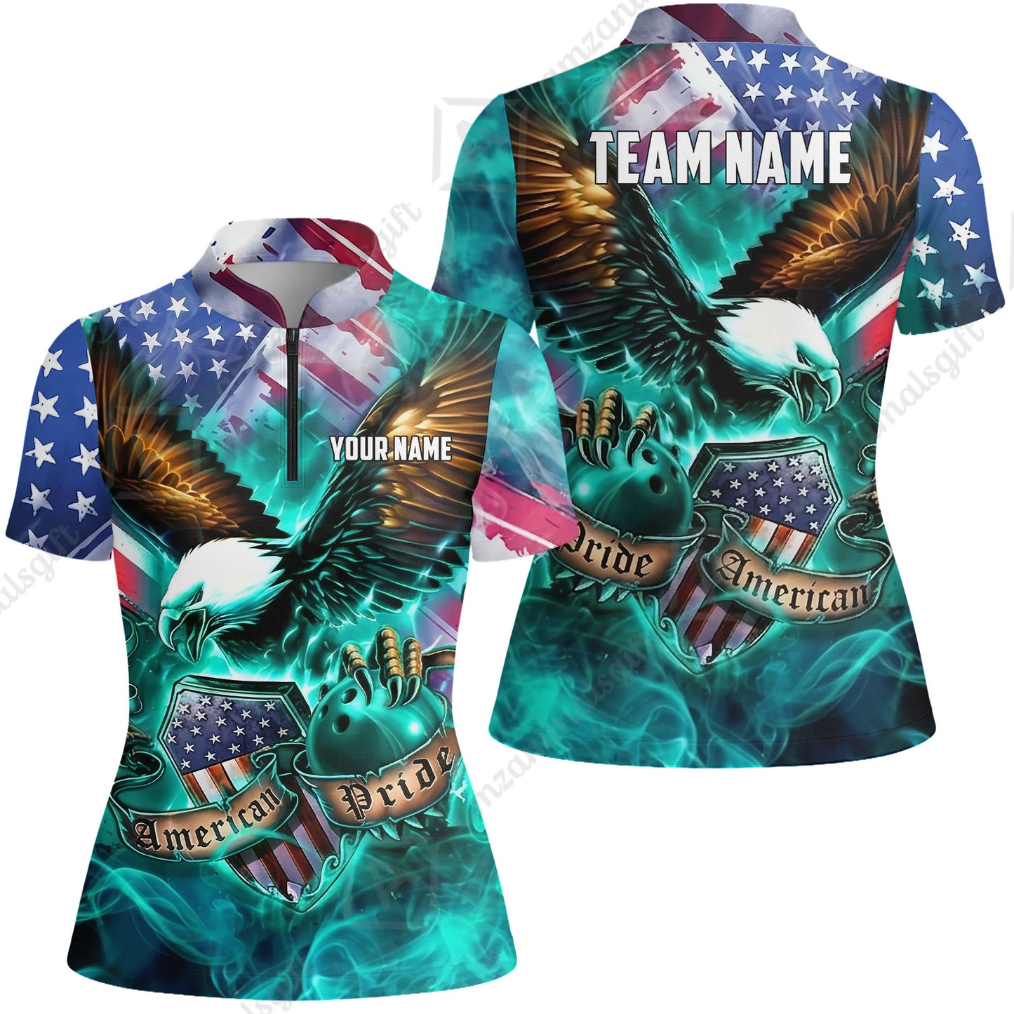 Custom Bowling Jersey Polo Shirt, American Pride Eagle, Personalized Name & Team Name