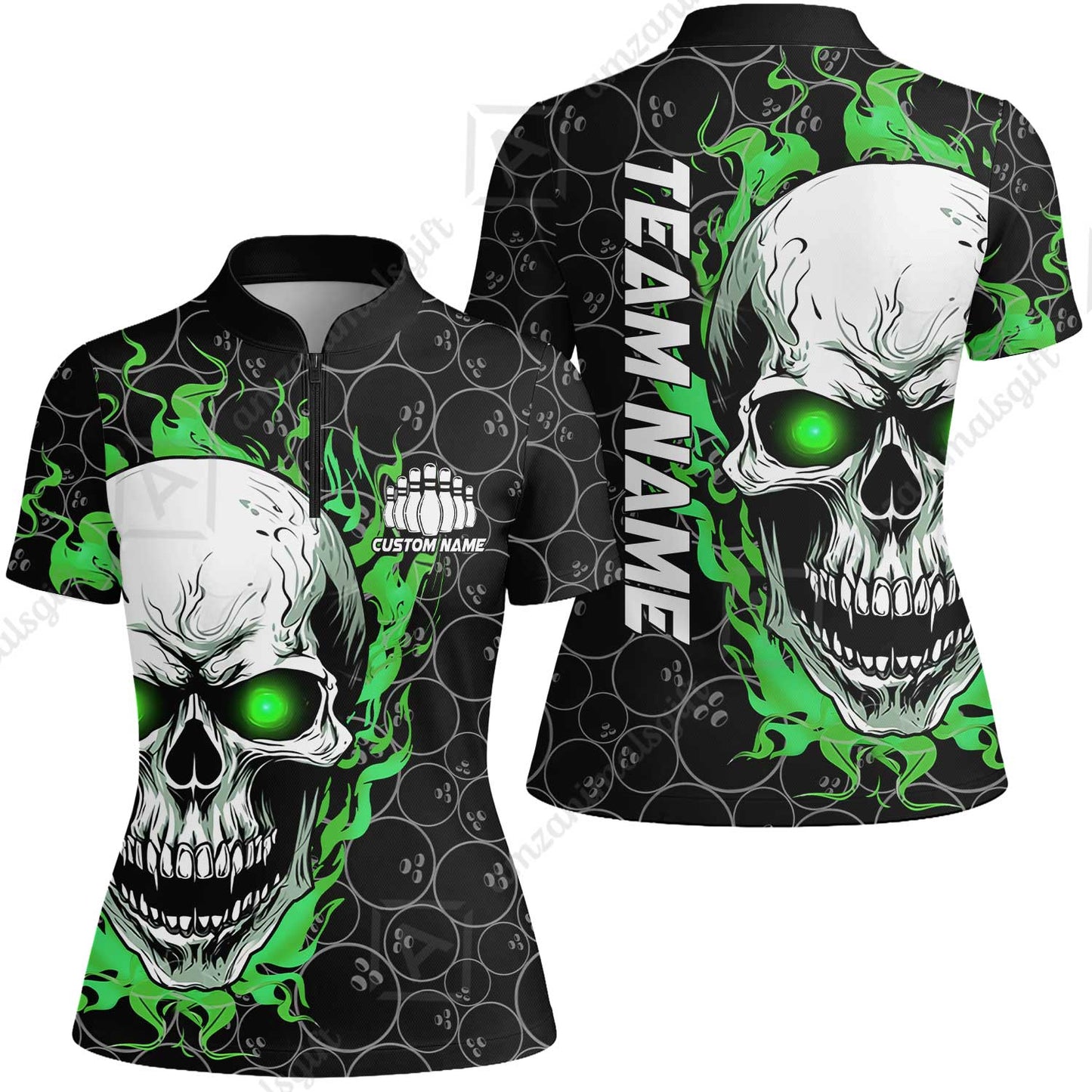 Personalized Bowling Unisex Polo Shirt, Green Flaming Skull Shirt For For Team Men Women Bowlers