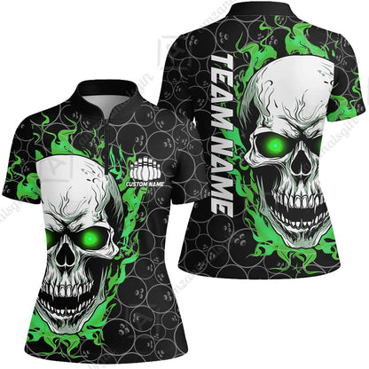 Personalized Bowling Unisex Polo Shirt, Green Flaming Skull Shirt For For Team Men Women Bowlers