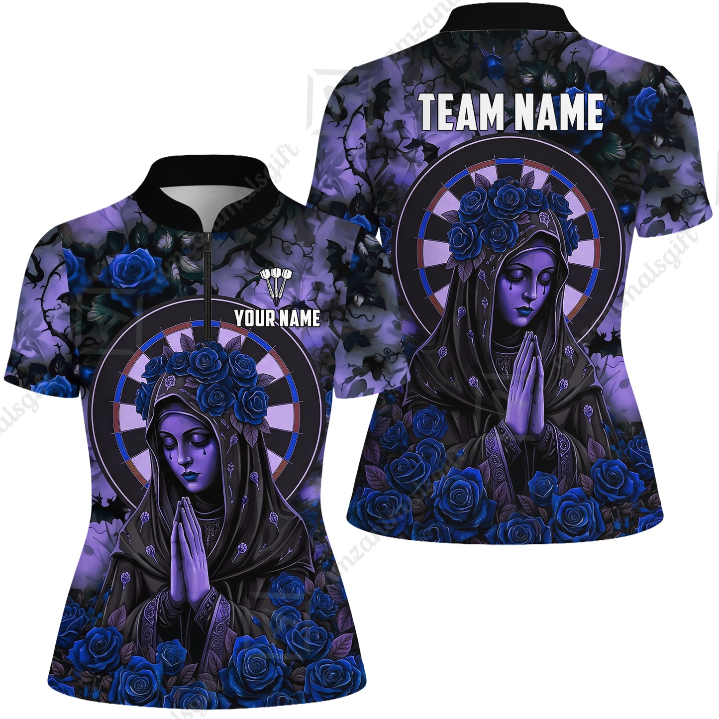 Custom Darts Jersey Polo Shirt, Gothic Madonna And Blue Rose, Custom Dart Jersey Team Shirt For Players With Name & Team Name