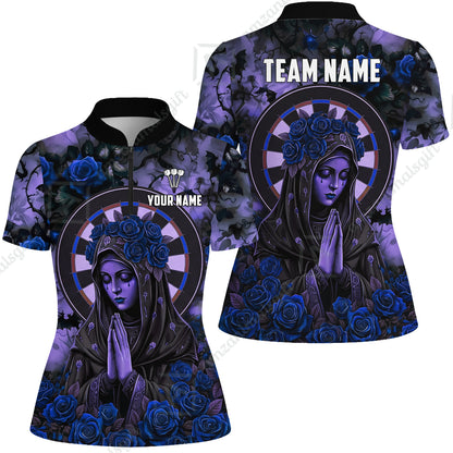 Custom Darts Jersey Polo Shirt, Gothic Madonna And Blue Rose, Custom Dart Jersey Team Shirt For Players With Name & Team Name