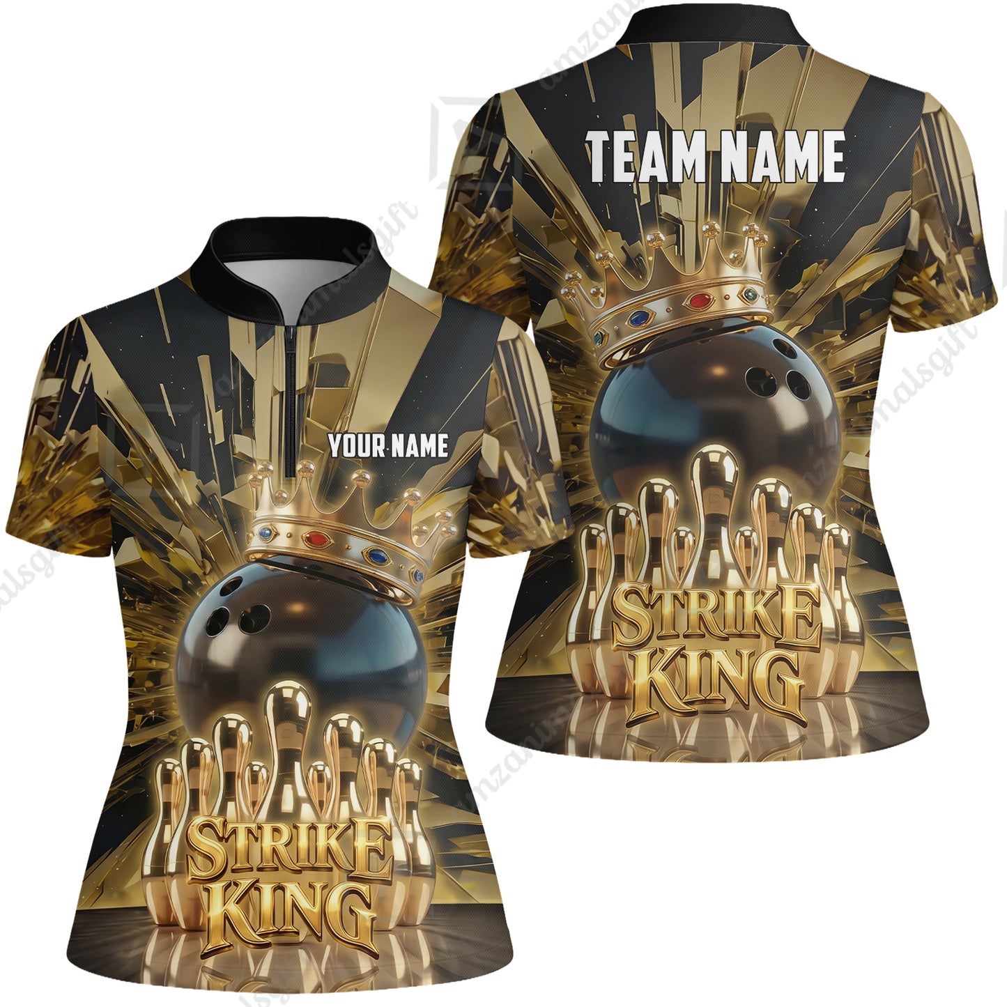 Custom Bowling Jersey Polo Shirt, Luxury Gold Strike King Crown, Custom Bowling Jersey Team Shirt For Players With Name and Team Name