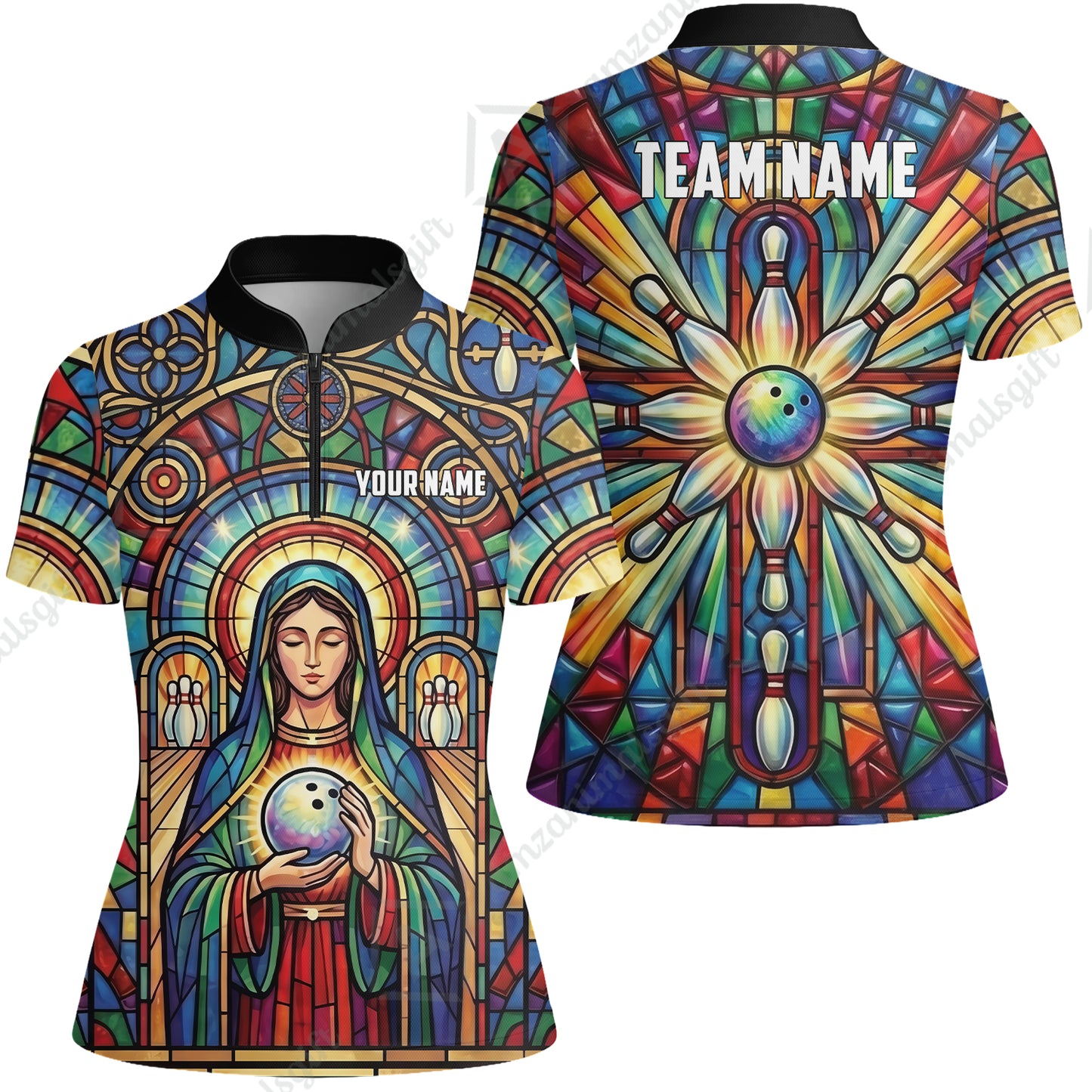 Custom Bowling Jersey Polo Shirt, Stained Glass Sacred Strike, Custom Bowling Jersey Team Shirt For Players With Name & Team Name