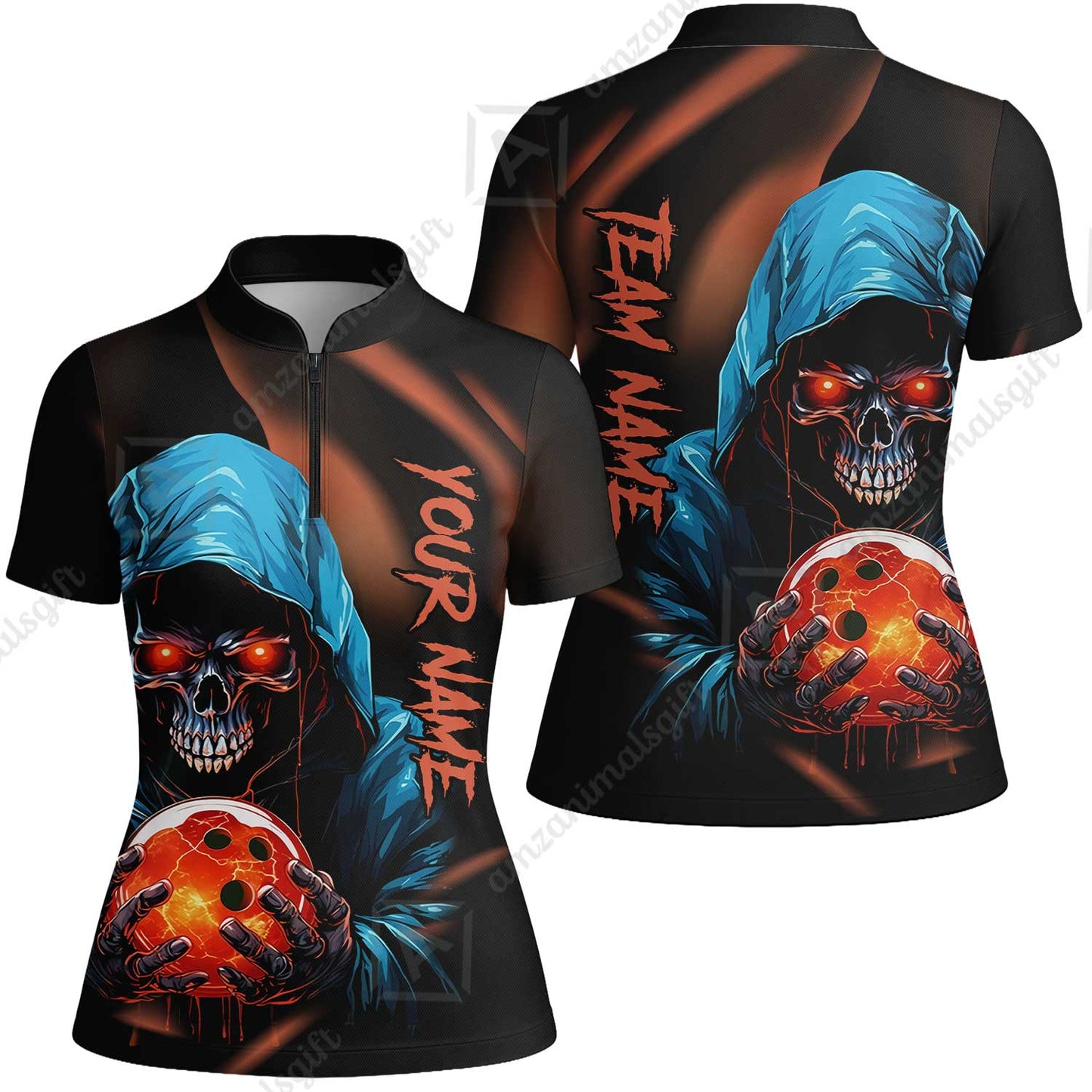 Customized Bowling Polo, Grim Reaper Skull Bowling Jerseys Bowler Outfit Custom Name And Team Name Shirt