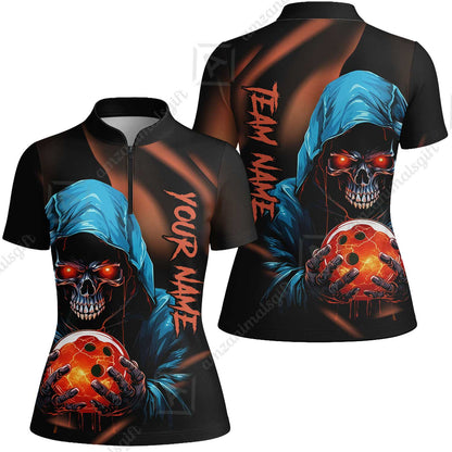 Customized Bowling Polo, Grim Reaper Skull Bowling Jerseys Bowler Outfit Custom Name And Team Name Shirt