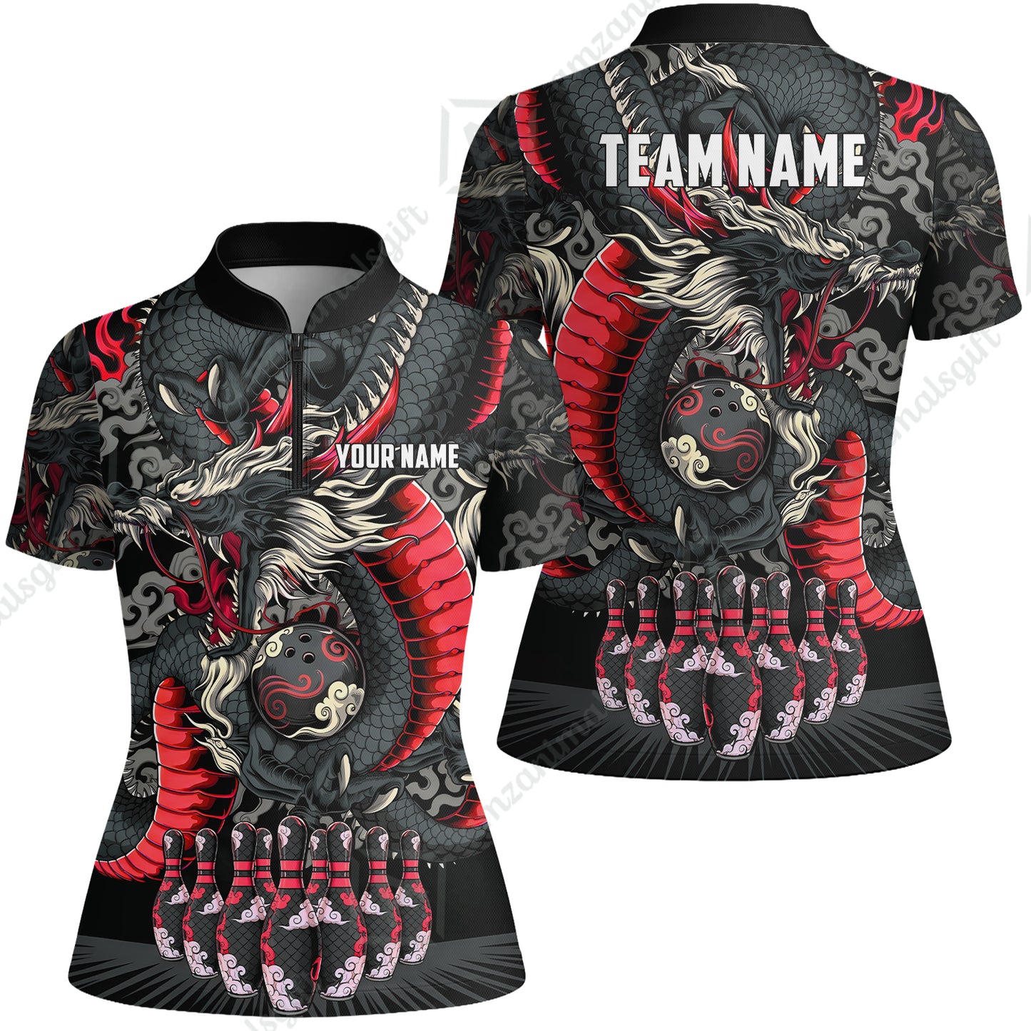 Custom Bowling Jersey Polo Shirt, Oriental Jade Dragon & Classic Clouds, Custom Bowling Jersey Team Shirt For Players With Name & Team Name
