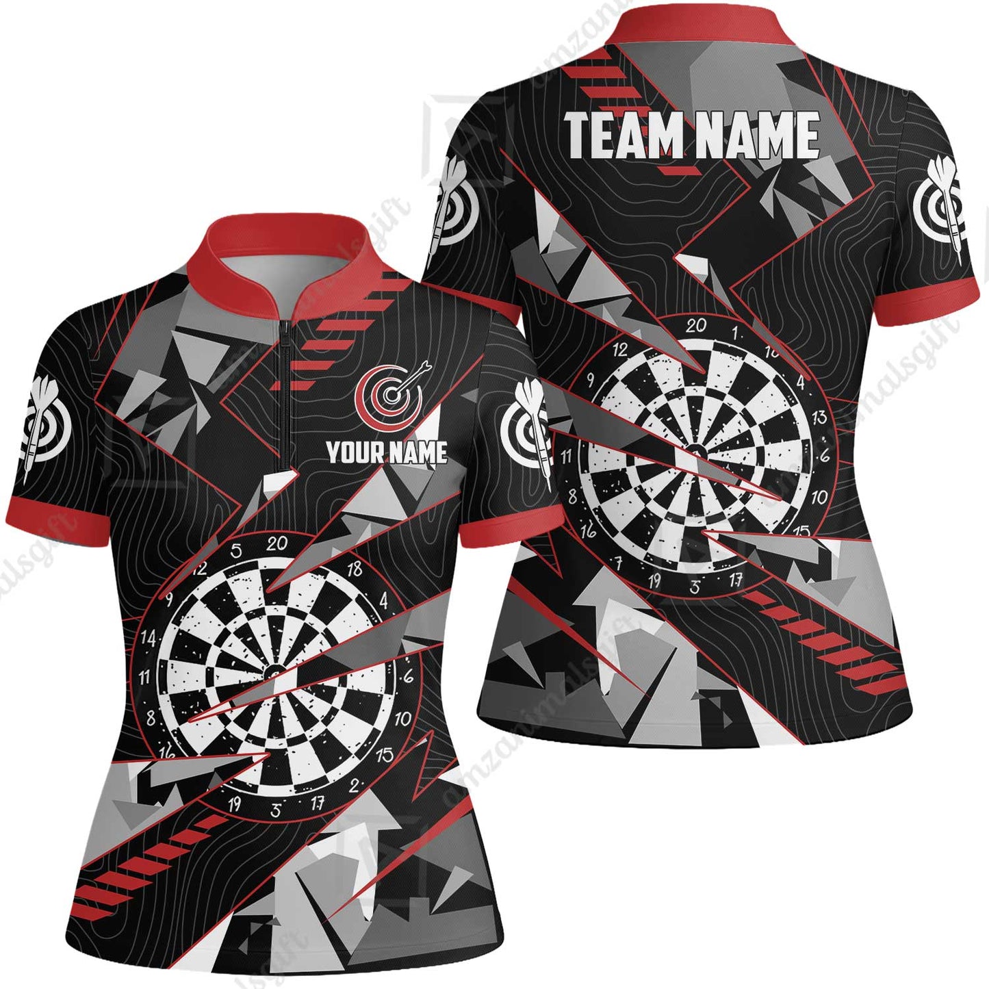 Custom Darts Team Jersey Unisex Polo Shirts, Custom Black Red Grunge Darts Team Jerseys Uniform, Personalized Name And Team Name