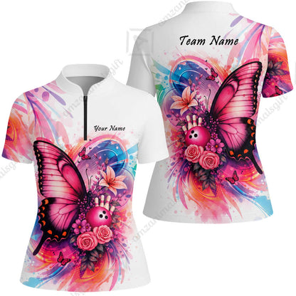 Custom Bowling Jersey Polo Shirt, Watercolor Pink Butterfly Bloom, Custom Bowling Jersey Team Shirt For Players With Name and Team Name