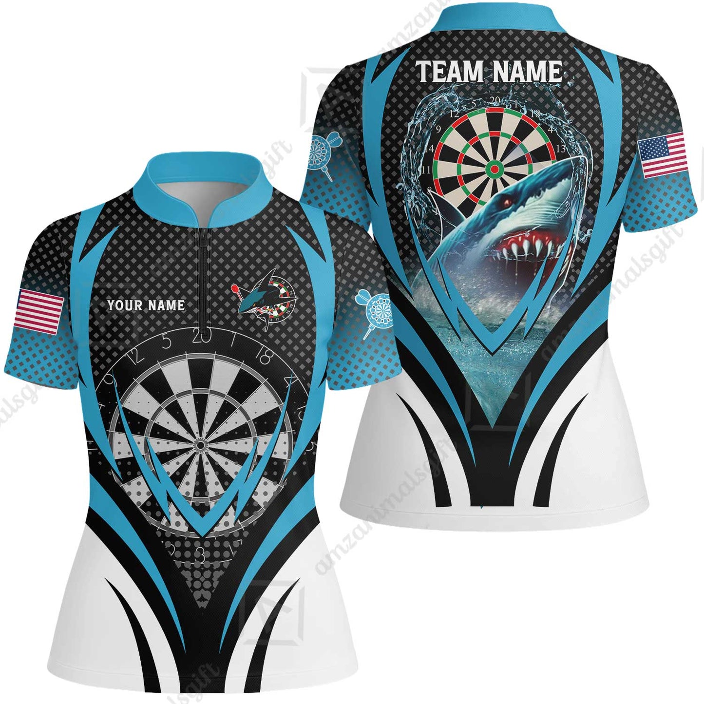 Custom Blue Dartboard Darts Team Jersey Polo Quarter-Zip Shirts, Customized Name Team Name Darts Team Jerseys Uniform