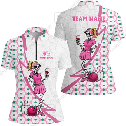 Custom Bowling Jersey Polo Shirt, Pink Skeleton Bowling, Personalize Name and Team Name