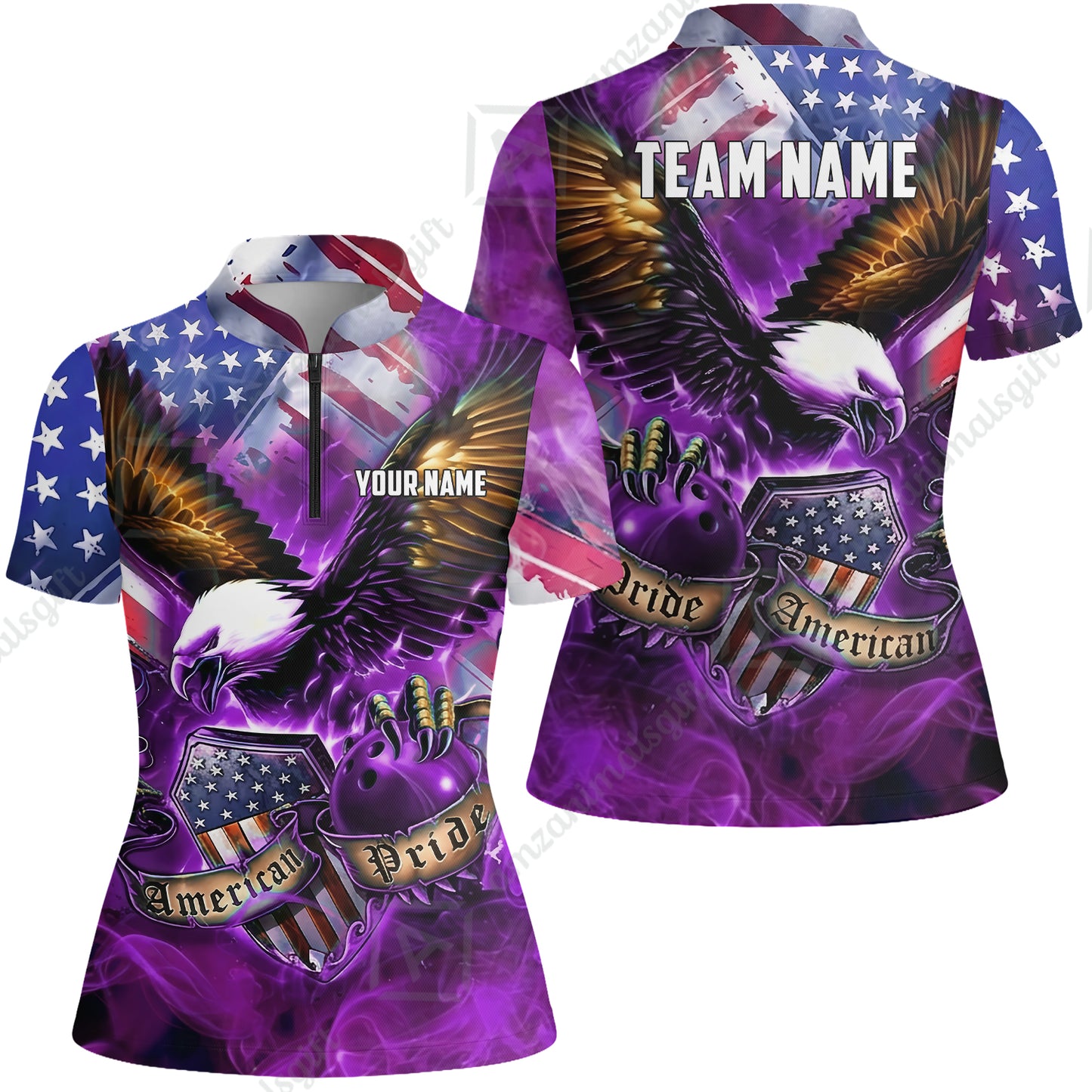Custom Bowling Jersey Polo Shirt, American Pride Eagle, Personalized Name & Team Name