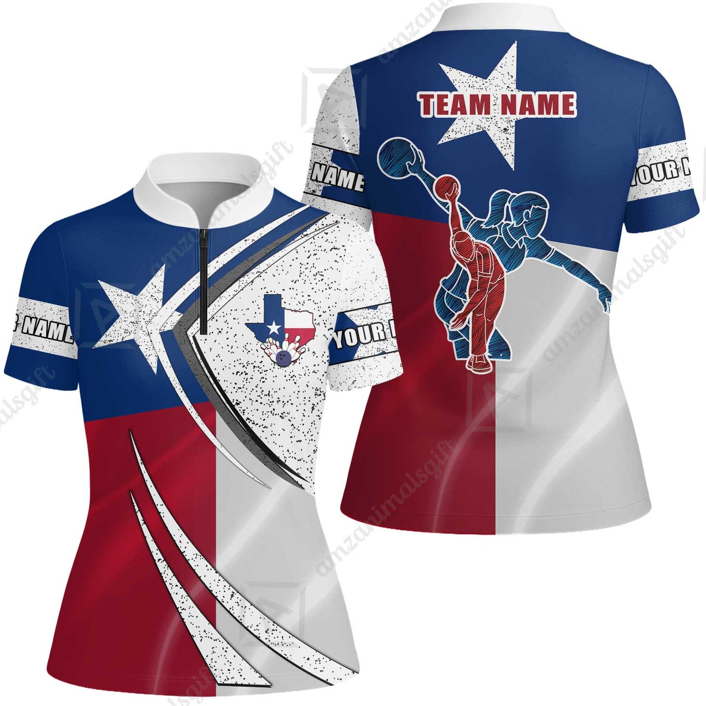 Customized Bowling Team Women Jersey Shirt, Bowling And Pins Texas Style Customized Name And Team Name Uniform Polo Shirts