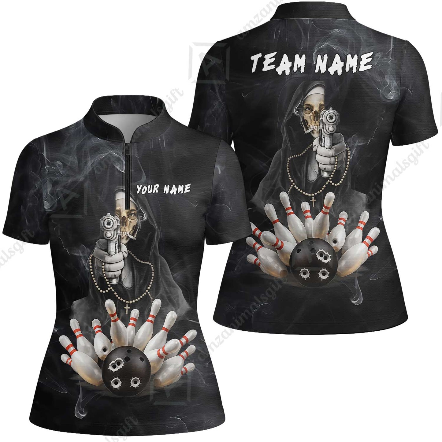 Custom Bowling Jersey Polo Shirt, Badass Smoking Skeleton Nun Gun Strike, Custom Bowling Jersey Team Shirt For Players With Name & Team Name