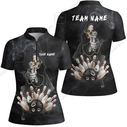 Custom Bowling Jersey Polo Shirt, Badass Smoking Skeleton Nun Gun Strike, Custom Bowling Jersey Team Shirt For Players With Name & Team Name