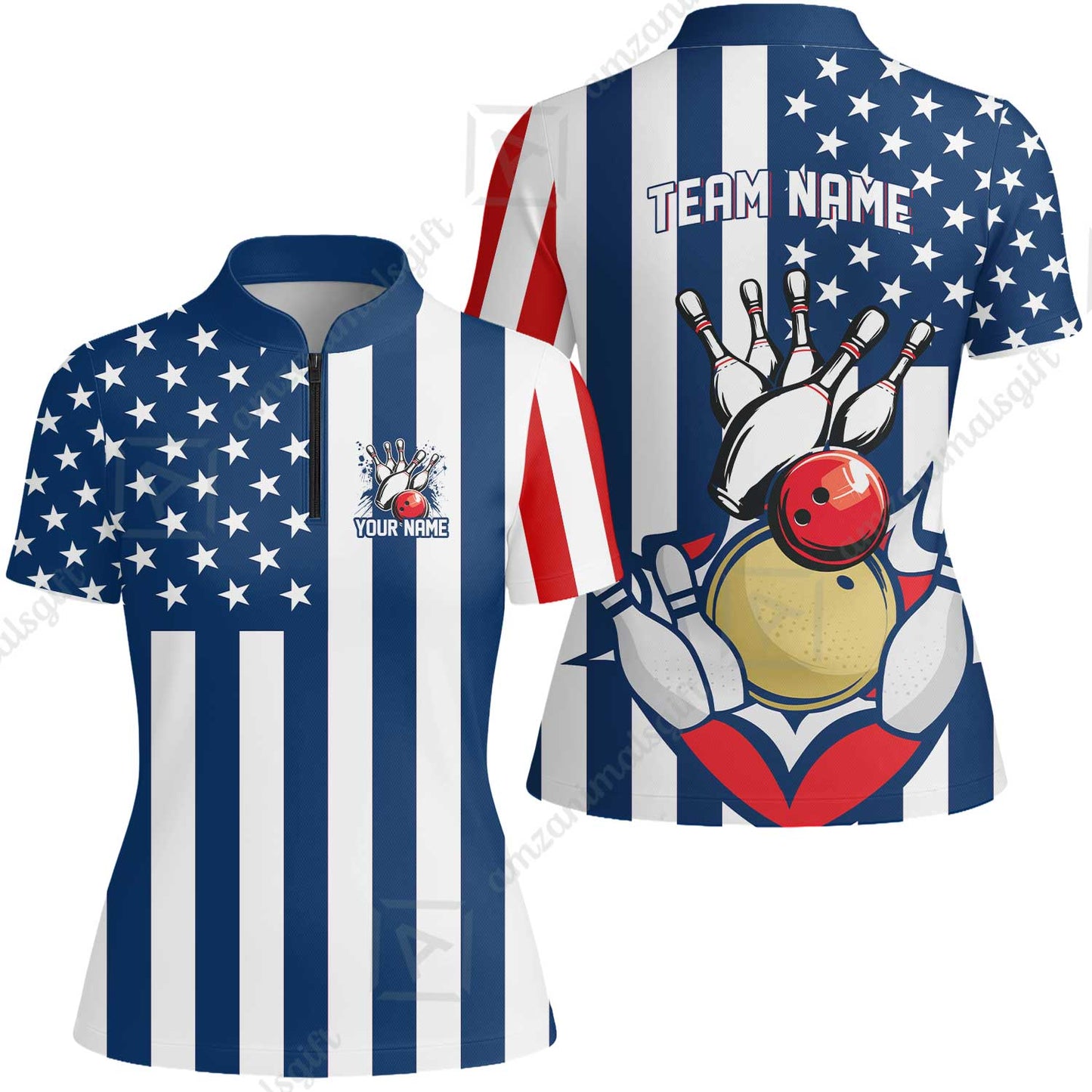 Customized American Flag Bowling Polo Shirt, Red White Blue Bowling Team Jerseys Polo Shirts, Bowling uniforms, Perfect Outfit For Bowlers