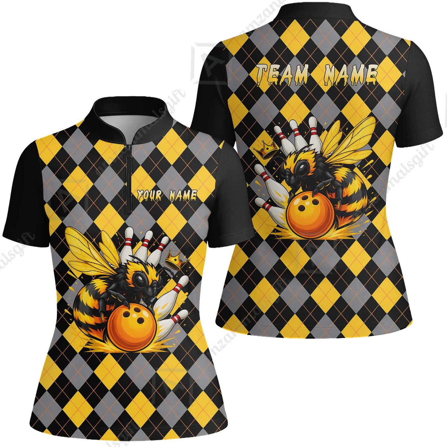 Custom Bowling Jersey Polo Shirt, Argyle Bee Mascot, Custom Bowling Jersey Team Shirt For Players With Name and Team Name