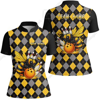 Custom Bowling Jersey Polo Shirt, Argyle Bee Mascot, Custom Bowling Jersey Team Shirt For Players With Name and Team Name