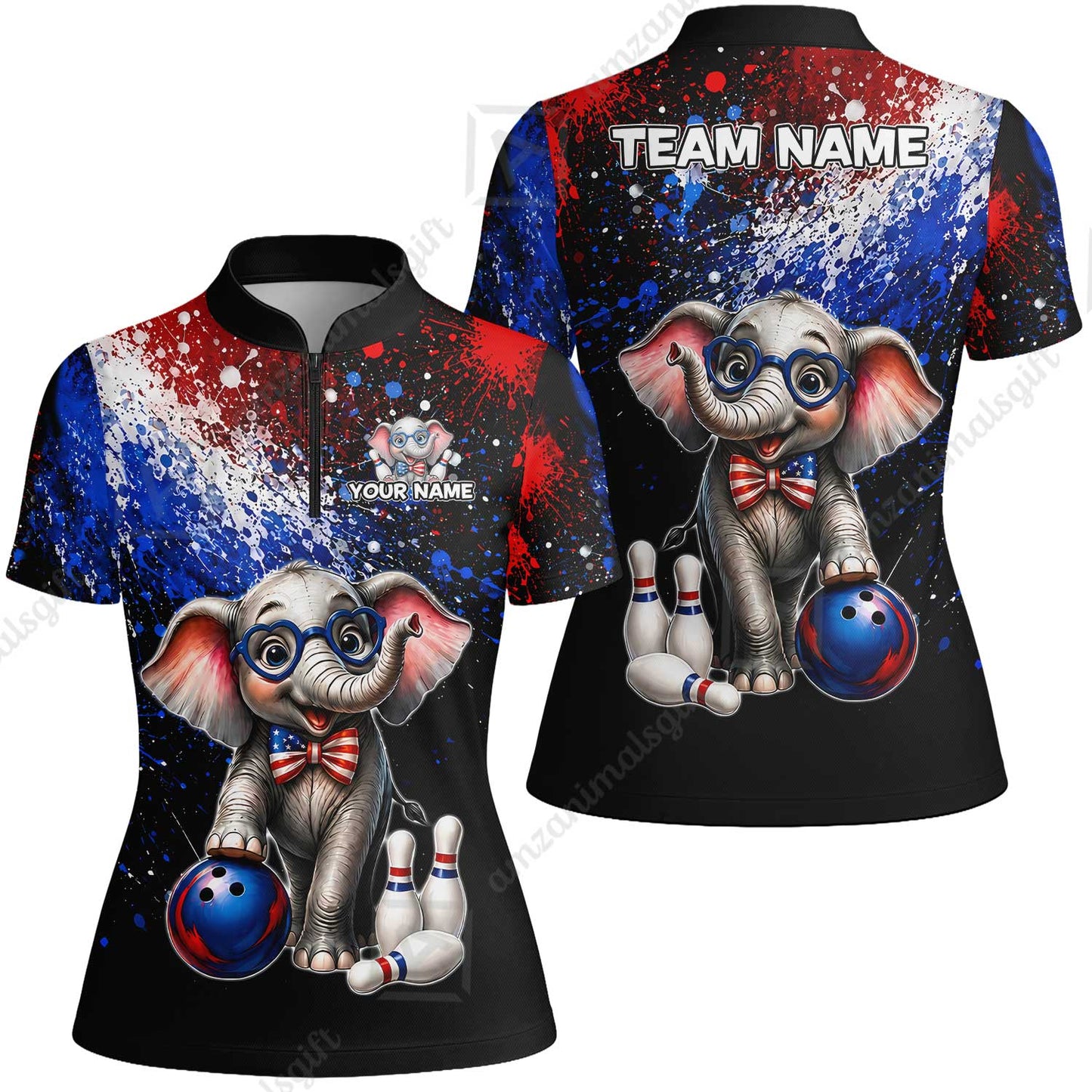 Custom Bowling Jersey Polo Shirt, Patriotic Elephant Bowling, Personalize Name and Team Name