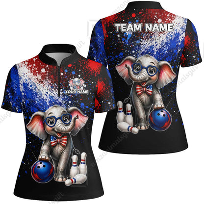 Custom Bowling Jersey Polo Shirt, Patriotic Elephant Bowling, Personalize Name and Team Name