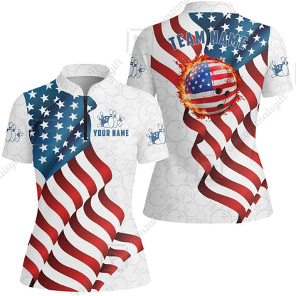 Custom Bowling Jersey Polo Shirt, Patriotic Waving USA Flag Fireball, Custom Bowling Jersey Team Shirt For Players With Name and Team Name