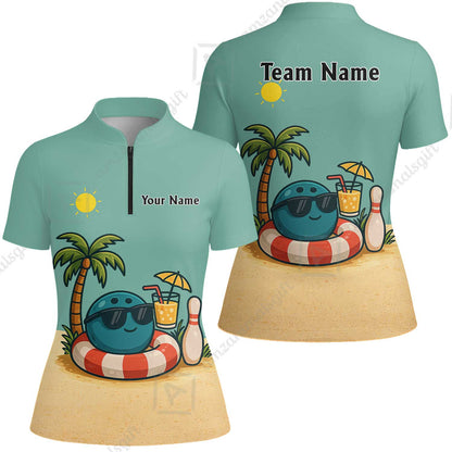 Custom Bowling Polo Shirt, Cute Cartoon Bowling Beach Custom Bowling Polo Team Shirt For Players With Name & Team Name