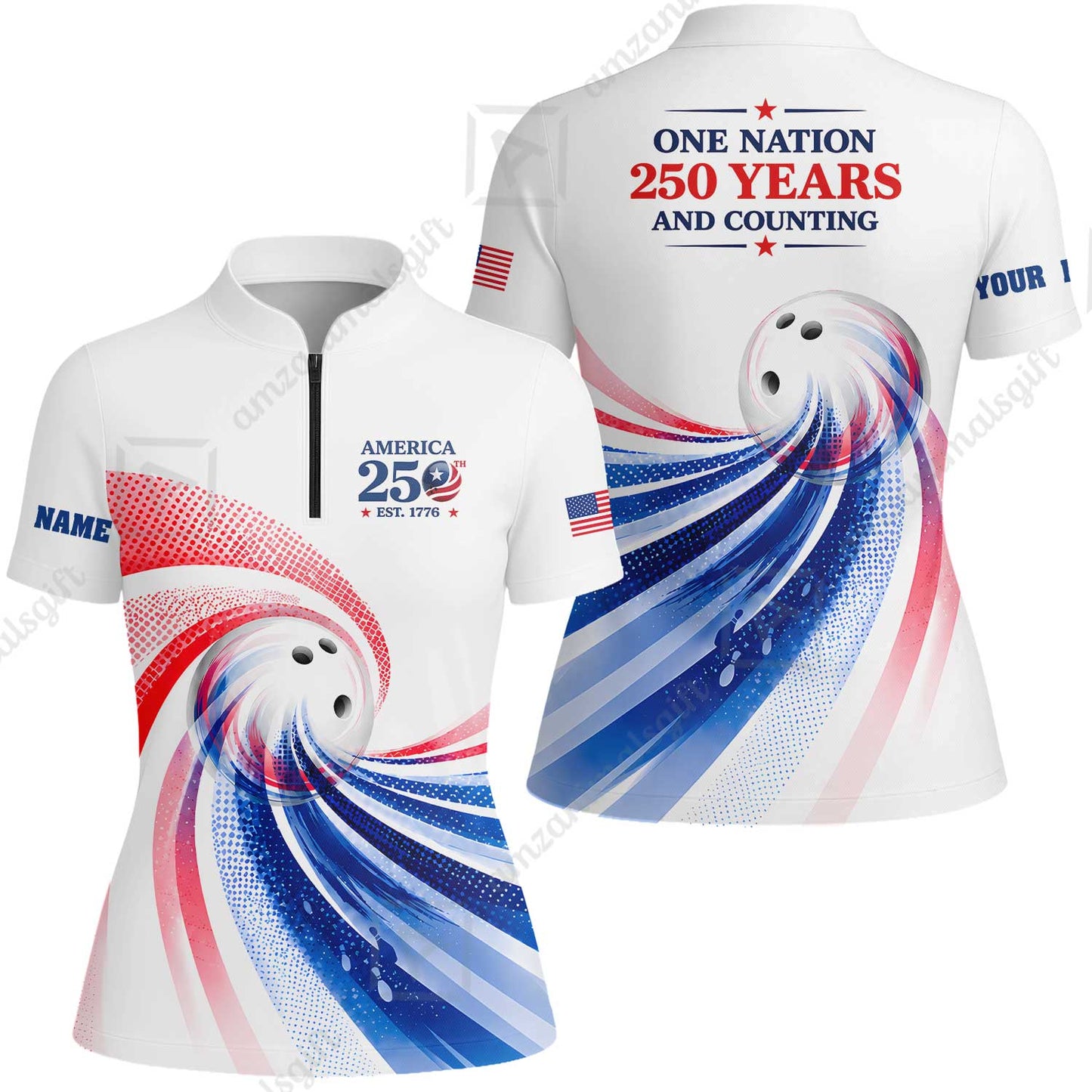 Custom Bowling Jersey Polo Shirt, One Nation 250 Years And Counting, Personalize Name and Team Name