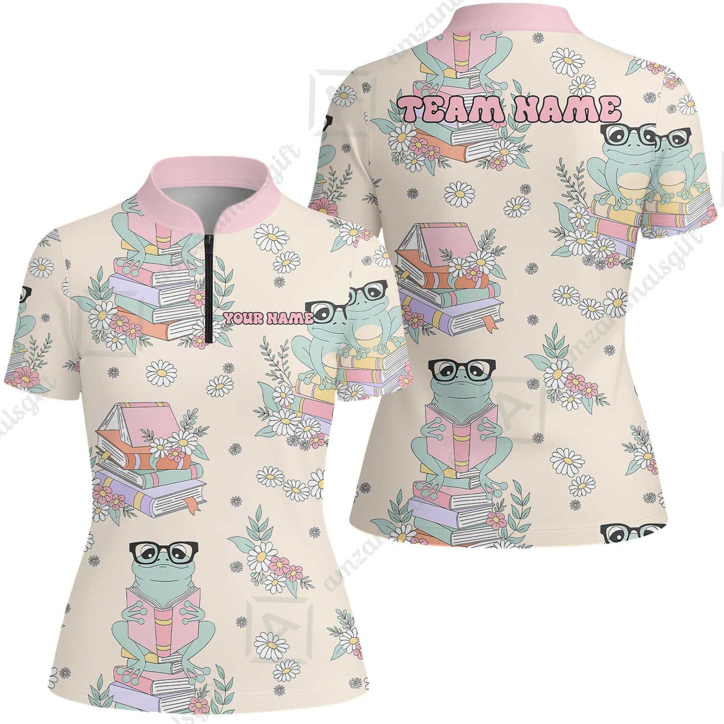 Custom Bowling Jersey Polo Shirt, Bookworm Frog, Personalized Name And Team Name