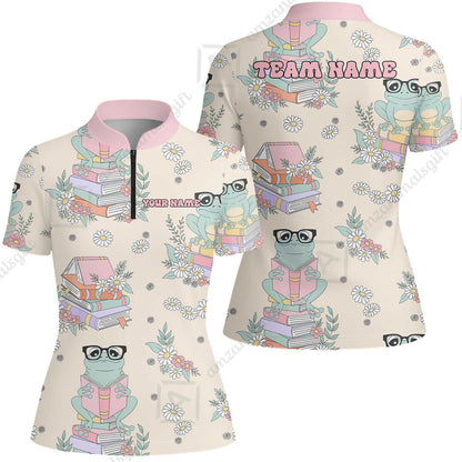 Custom Bowling Jersey Polo Shirt, Bookworm Frog, Personalized Name And Team Name