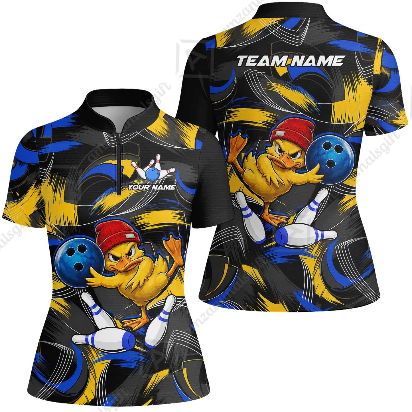 Custom Bowling Jersey Polo Shirt, Angry Grunge Splash Duckling, Custom Bowling Jersey Team Shirt For Players With Name and Team Name