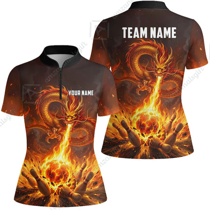 Custom Bowling Jersey Polo Shirt, Asian Dragon's Fire Strike, Custom Bowling Jersey Team Shirt For Players With Name & Team Name