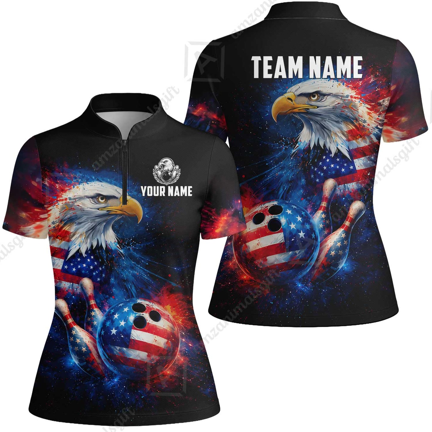 Customized Patriotic Galaxy Eagle Strike Bowling Jersey, Custom Name And Team Name For Bowlers