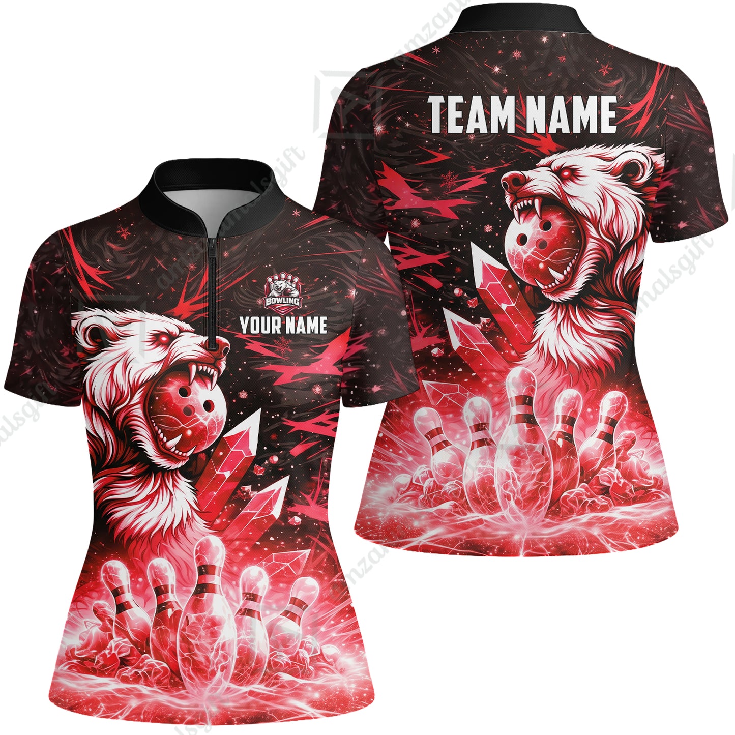 Custom Bowling Jersey Polo Shirt, Arctic Bear & Crystal Galaxy, Custom Bowling Jersey Team Shirt For Players With Name & Team Name