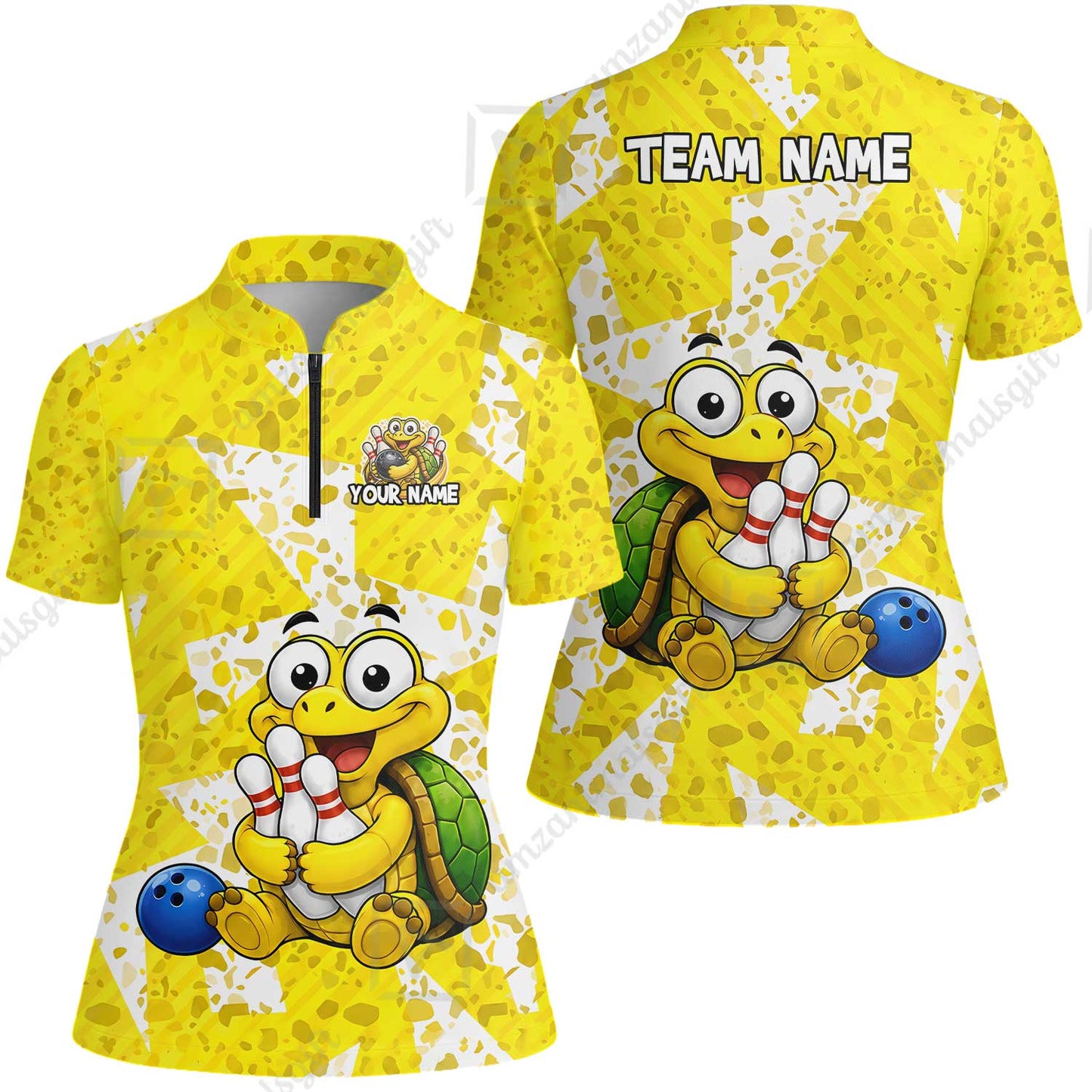 Custom Bowling Jersey Polo Shirt, Cute Turtle Holding Pins, Personalized Name And Team Name