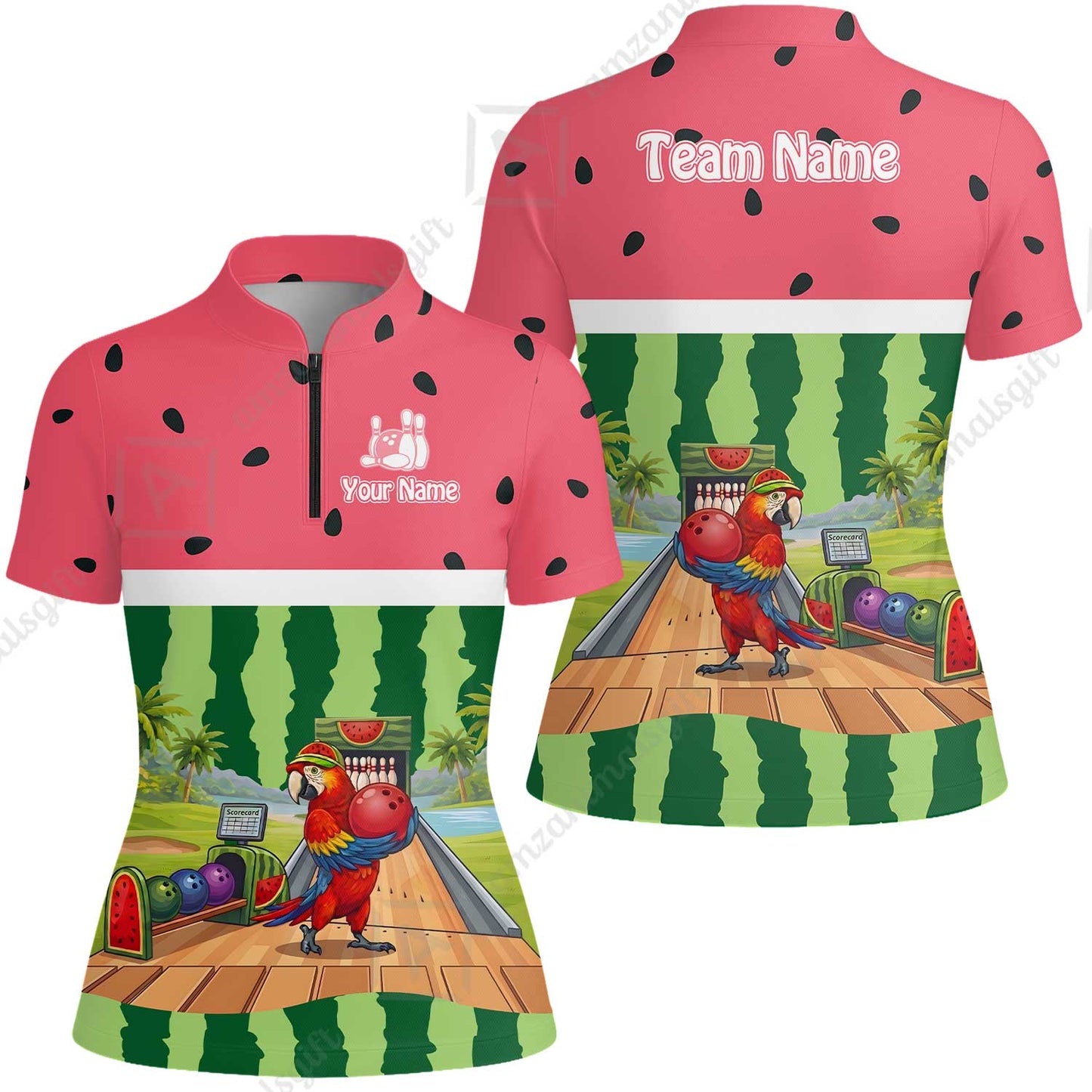 Custom Bowling Jersey Polo Shirt, Tropical Watermelon Parrot Macaw, Custom Bowling Jersey Team Shirt For Players With Name and Team Name