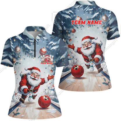 Custom Funny Santa Playing Bowling Team Jerseys Polo Shirts, Christmas Bowling uniforms - Bowling Polo Personalized Name And Team Name
