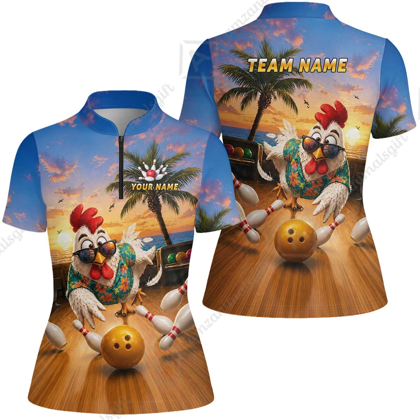 Custom Bowling Jersey Polo Shirt, Funny Tropical Hawaiian Rooster Strike, Custom Bowling Jersey Team Shirt For Players With Name and Team Name