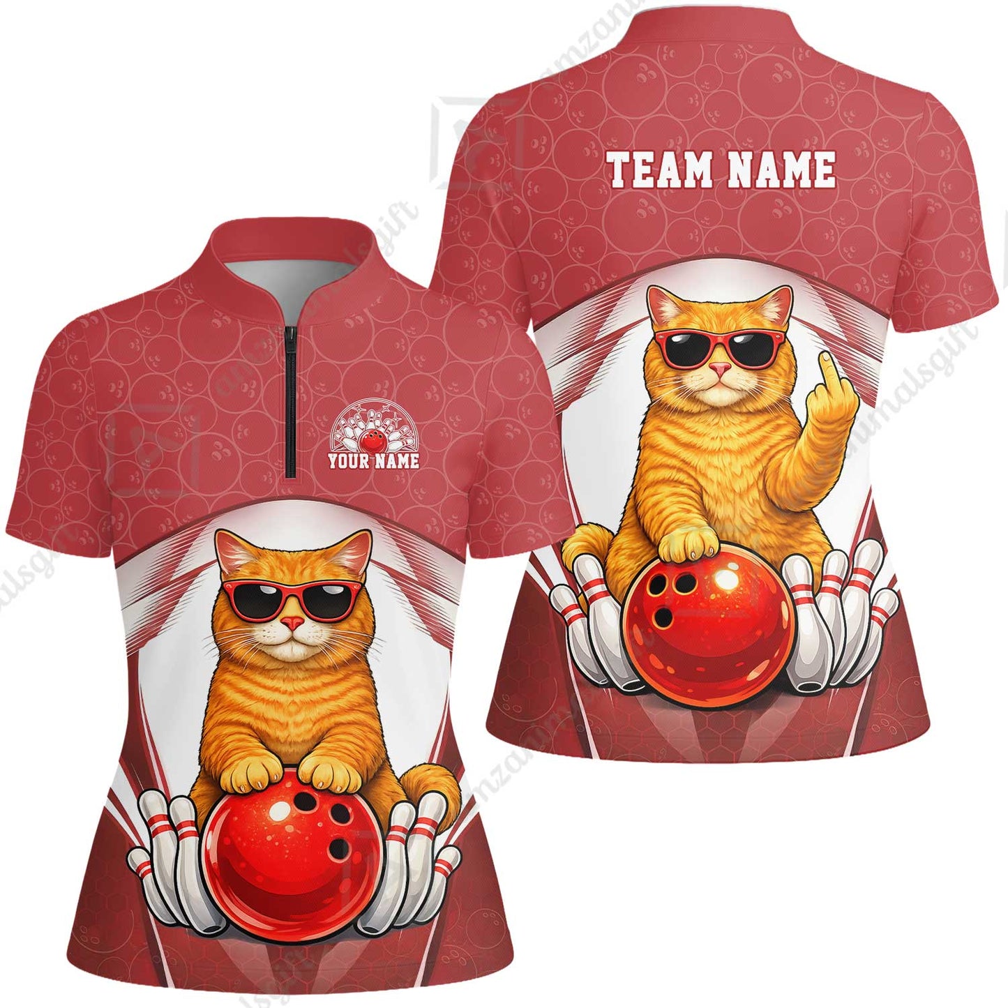 Custom Bowling Polo Shirt, Funny Cat with Sunglasses Bowling Custom Bowling Polo Team Shirt For Players With Name & Team Name