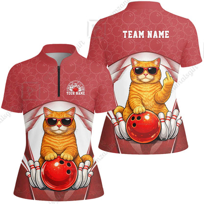 Custom Bowling Polo Shirt, Funny Cat with Sunglasses Bowling Custom Bowling Polo Team Shirt For Players With Name & Team Name