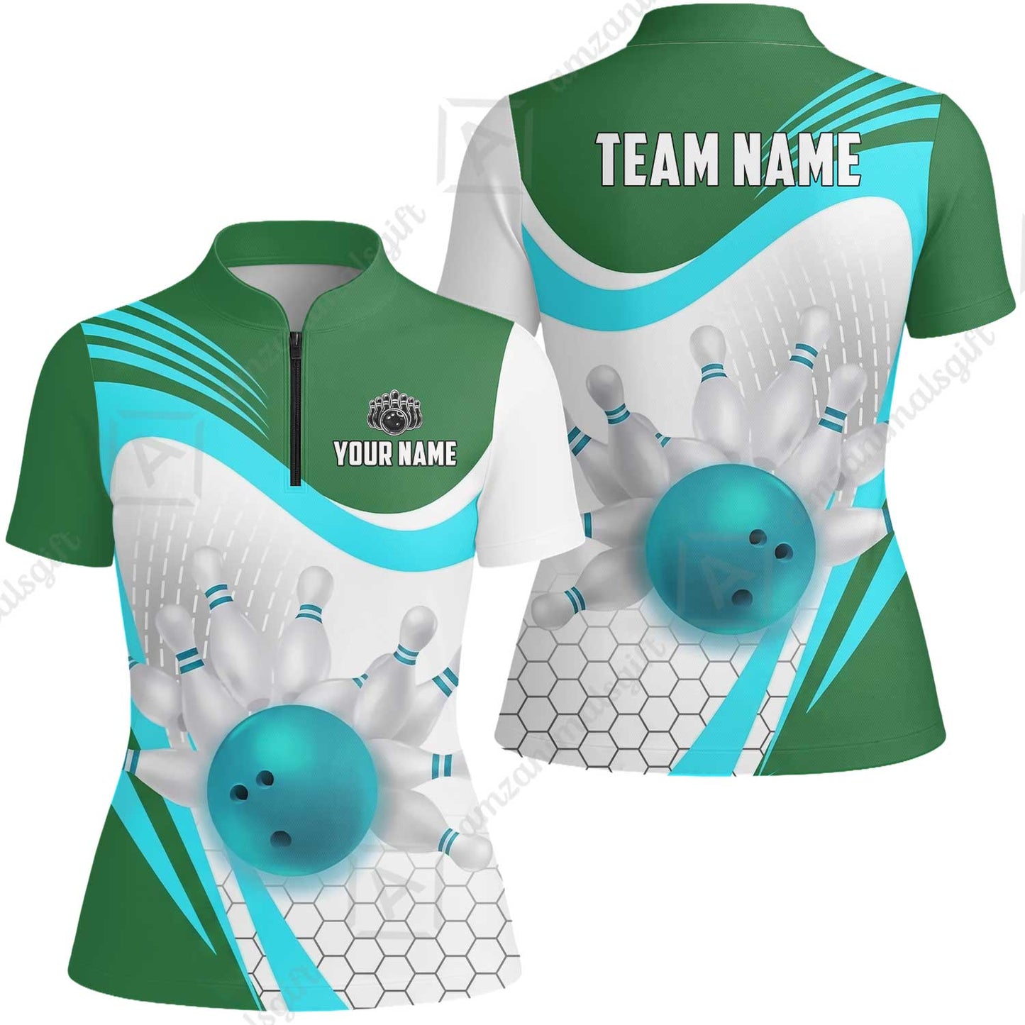 Custom Bowling Jersey Polo Shirt, Geometric Streamline & Fresh Mint, Custom Bowling Jersey Team Shirt For Players With Name & Team Name