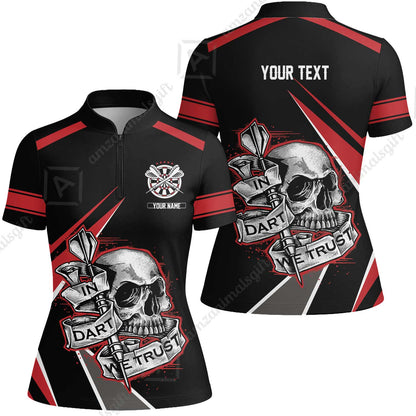 Customized Name & Text Darts Men Polo Shirt, Skull In Darts We Trust Personalized Darts Zip Polo Shirt