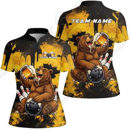 Custom Bowling Jersey Polo Shirt, Grizzly Bear Bowling Custom Bowling Jersey Team Shirt For Players With Name & Team Name