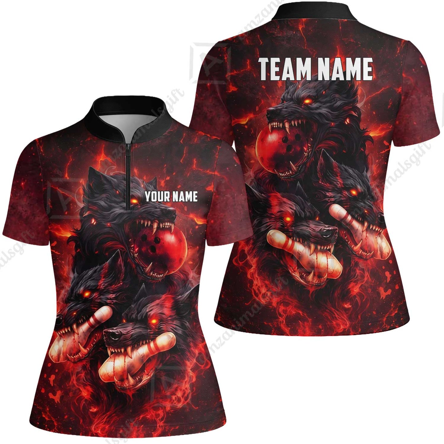 Custom Bowling Jersey Polo Shirt, Dark Fantasy Hellfire Werewolf, Custom Bowling Jersey Team Shirt For Players With Name & Team Name