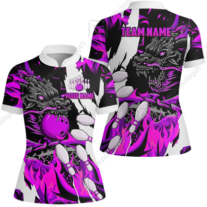 Custom Bowling Team Women Jersey Shirt, Bowling uniforms Ball & Pins Dragon Flame Pattern Personalized Name And Team Name