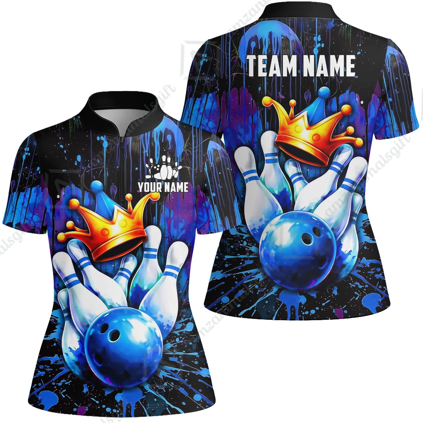 Custom Bowling Jersey Polo Shirt, Neon King Crown, Custom Bowling Jersey Team Shirt For Players With Name and Team Name